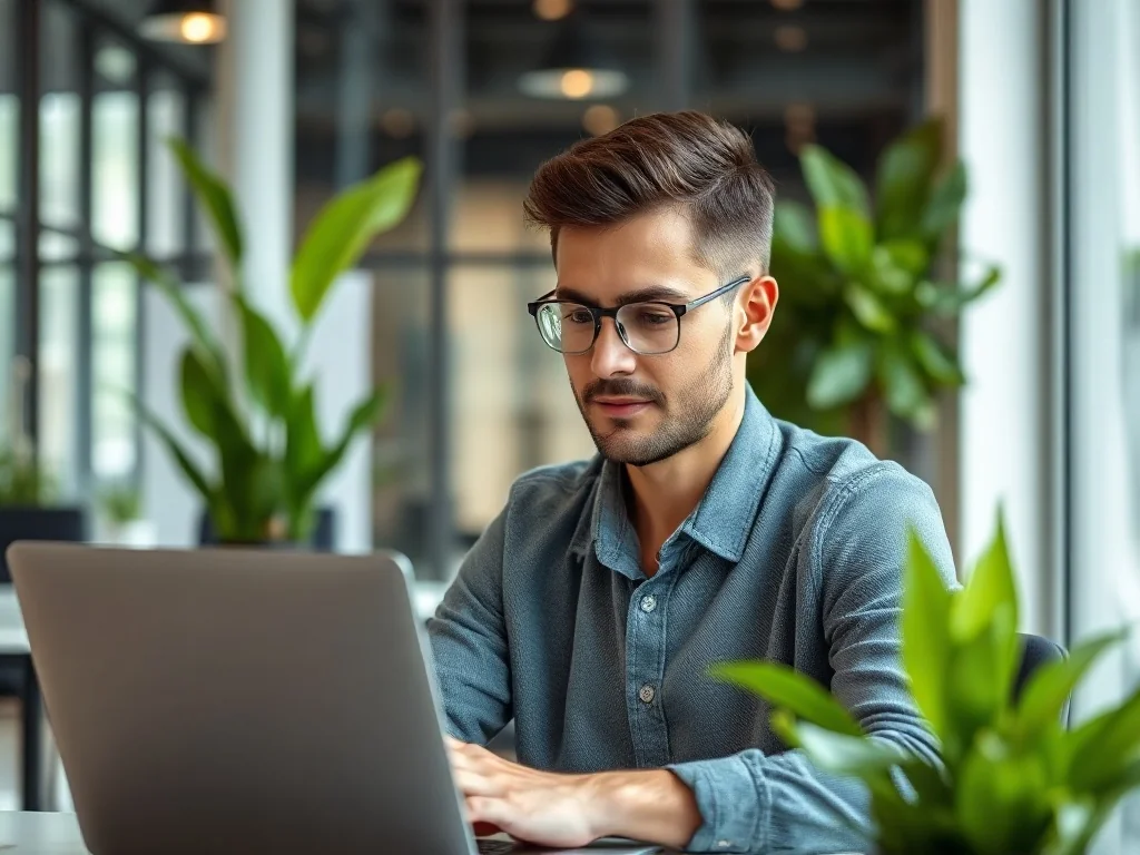 Młody przedsiębiorca pracuje przy laptopie w nowoczesnej przestrzeni coworkingowej, tworząc profesjonalny klimat startupu.