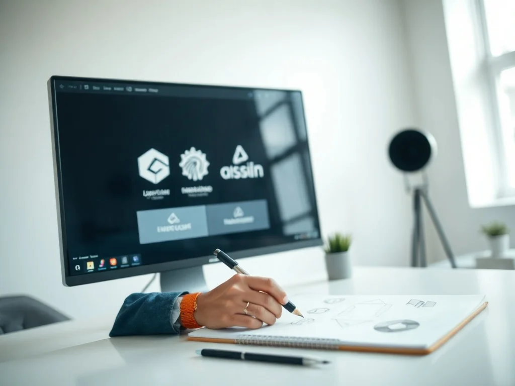 Grafik projektujący minimalistyczne logo na komputerze, obok szkicownik z geometrycznymi rysunkami w nowoczesnym studiu.